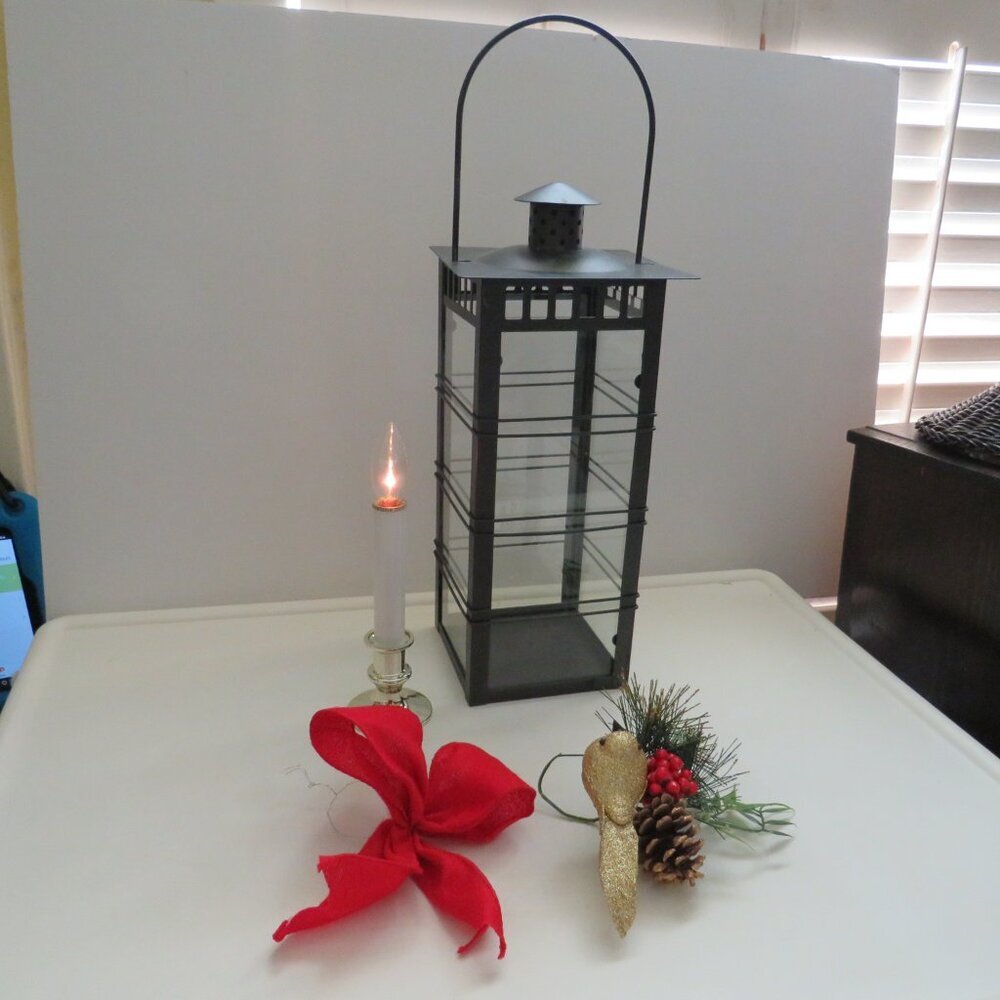 glass metal lantern 18 in tall with battery operated candle, bow and bird